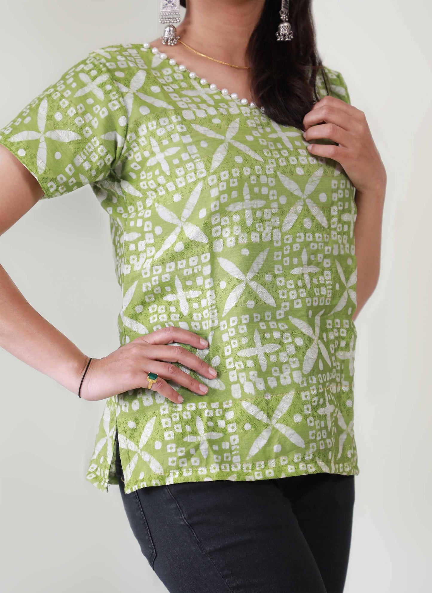 Green Jacquard Cotton Short Top