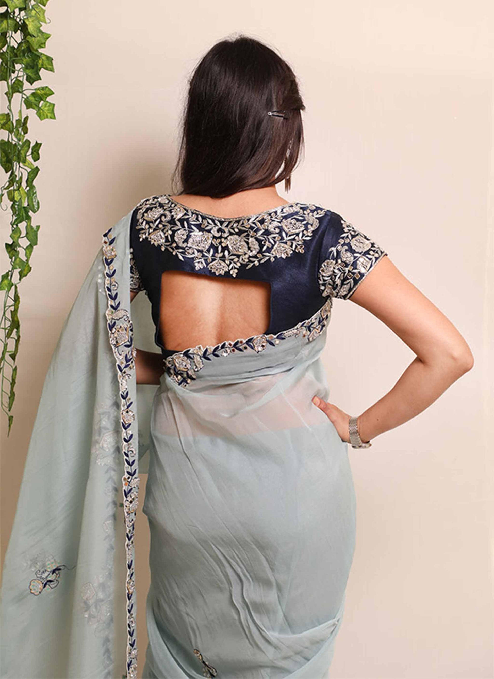 Blue Mirror Handwork Saree