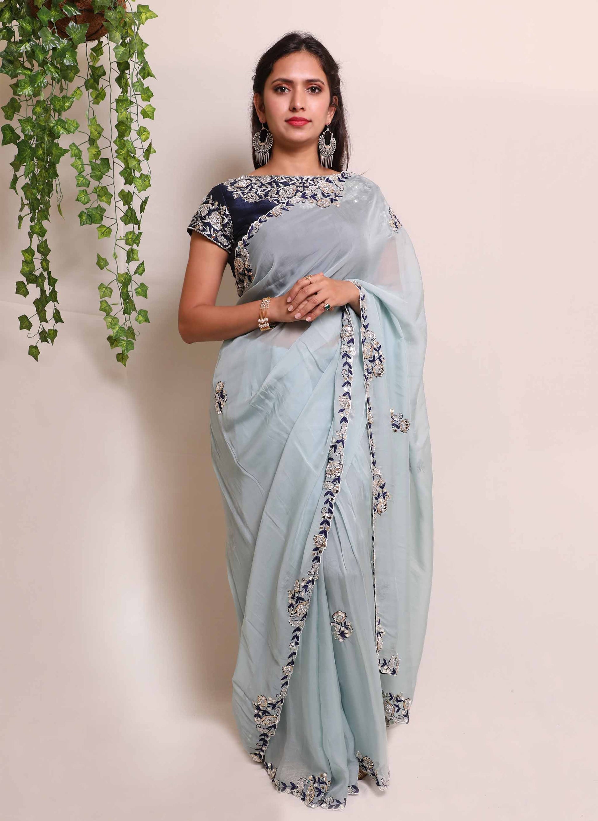 Blue Mirror Handwork Saree