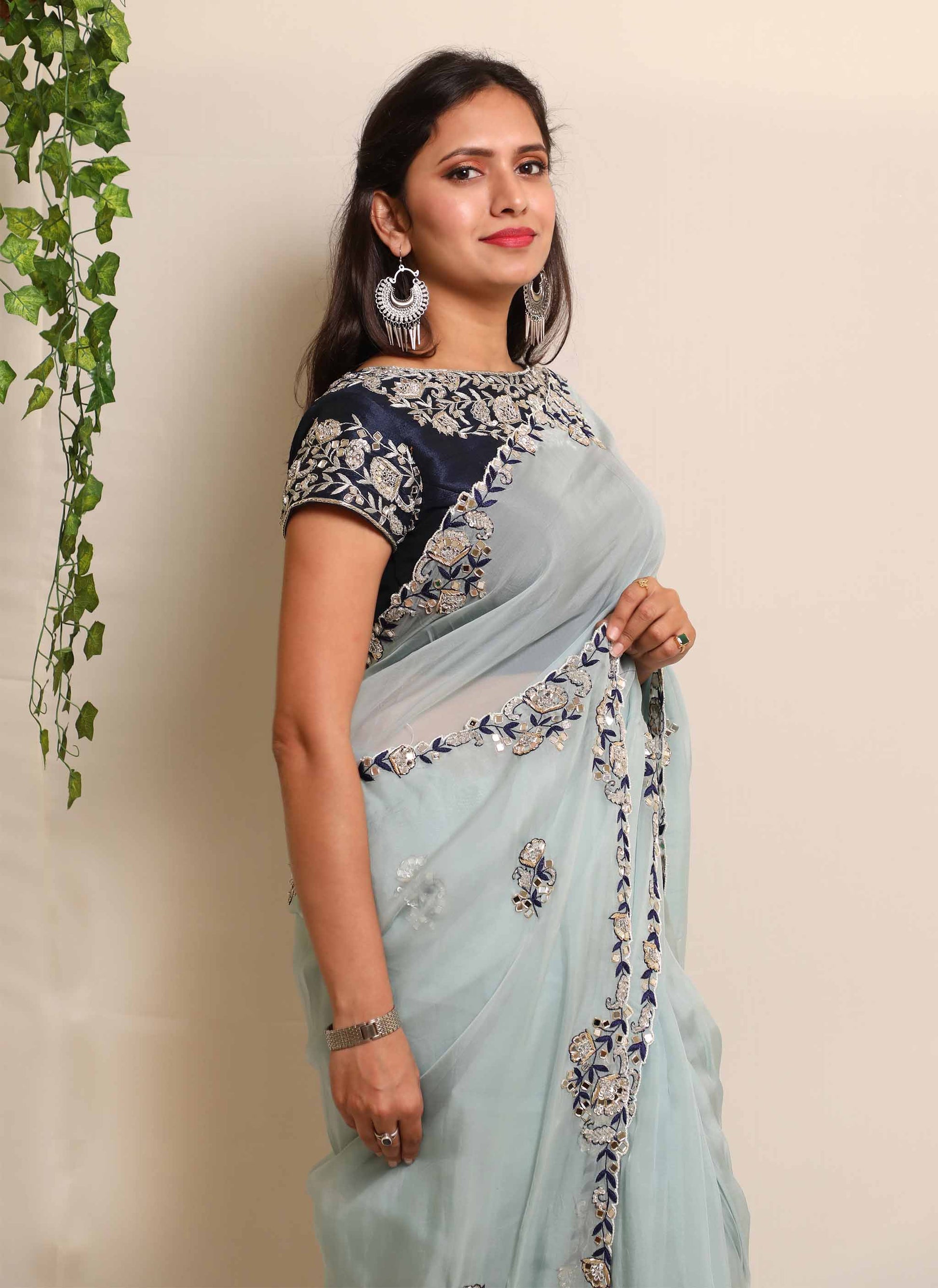 Blue Mirror Handwork Saree