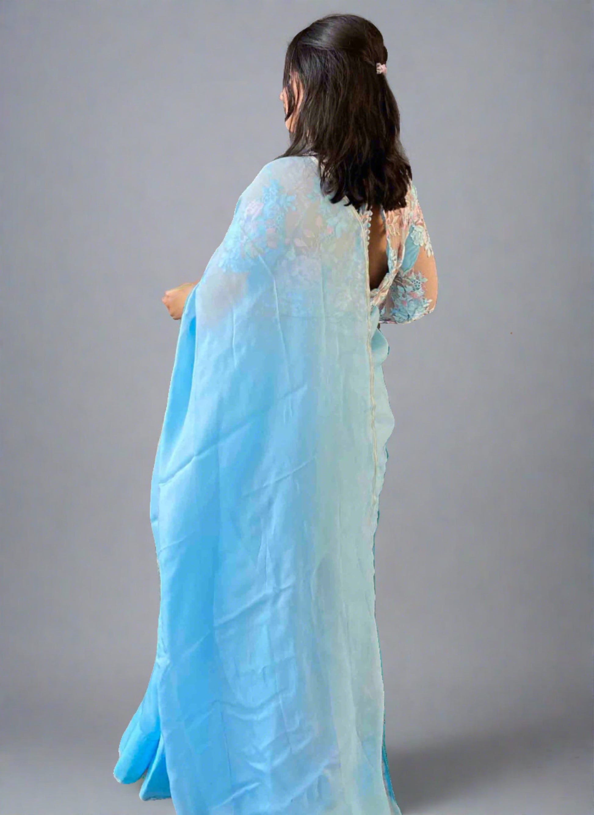 Back design of Blue Plain Saree