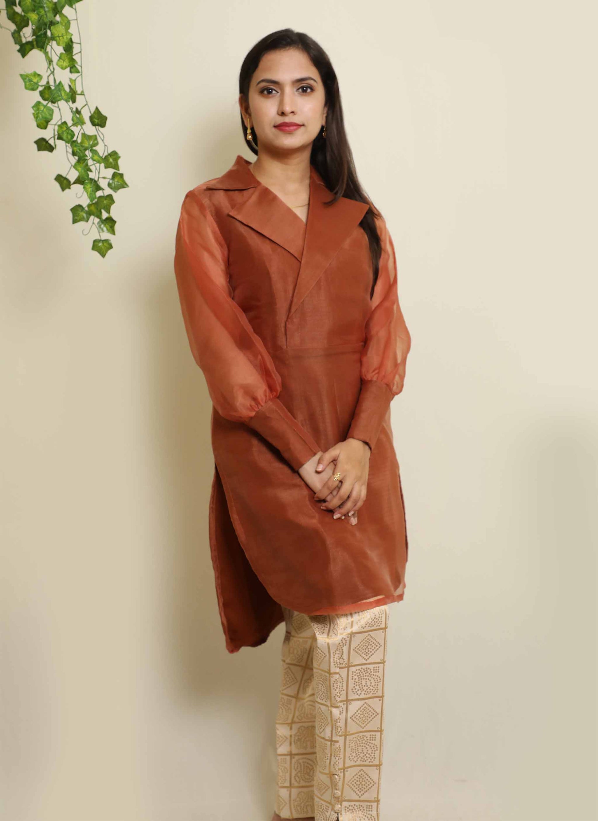 Brown Organza Plain Kurti