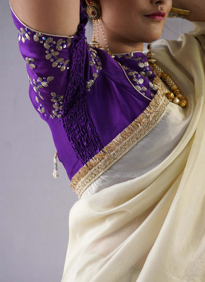 Golden Zari Tissue Saree with Purple Sequin Work Blouse | Anvi Ethnics