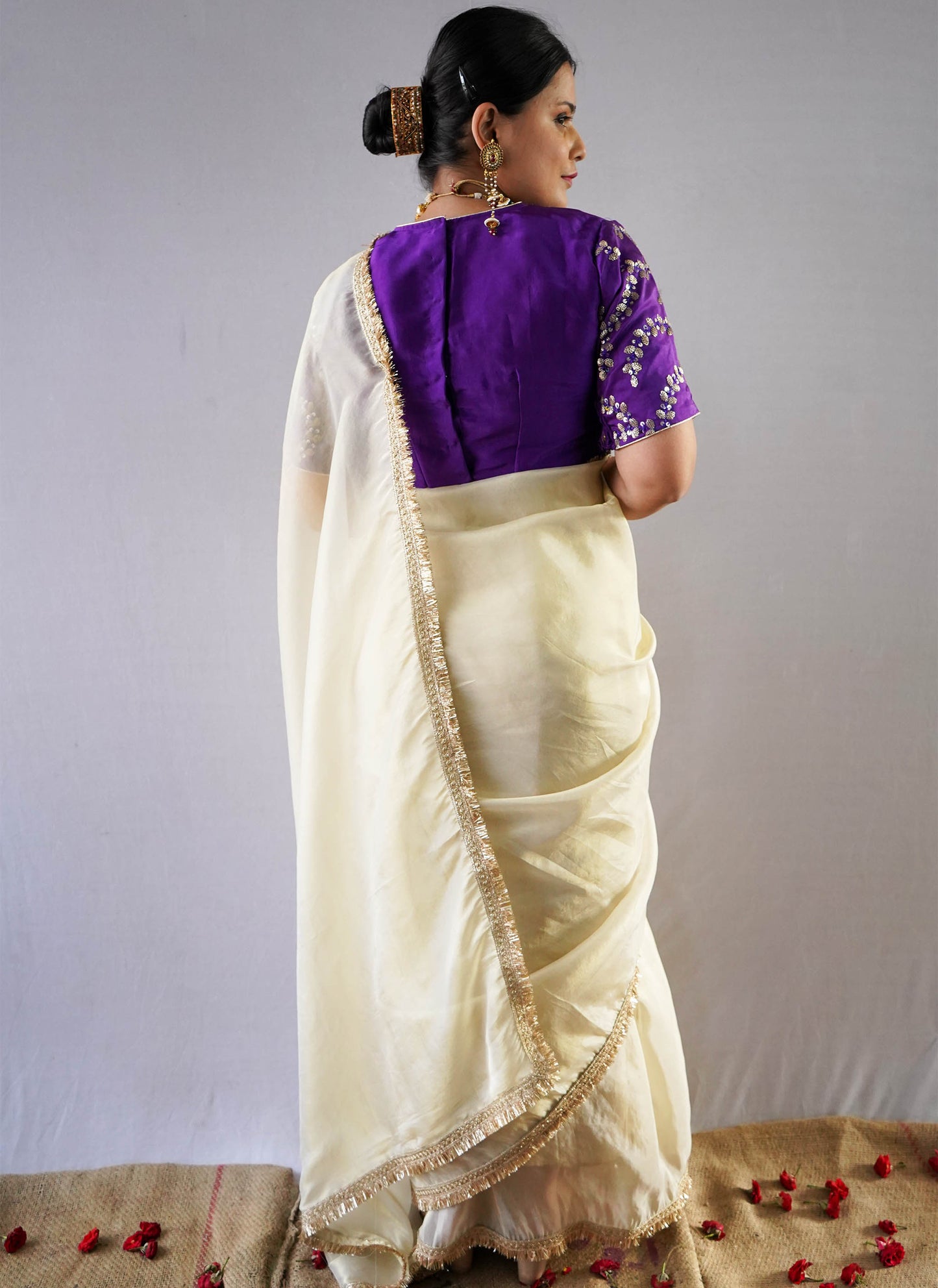 Golden Zari Tissue Saree with Purple Sequin Work Blouse | Anvi Ethnics