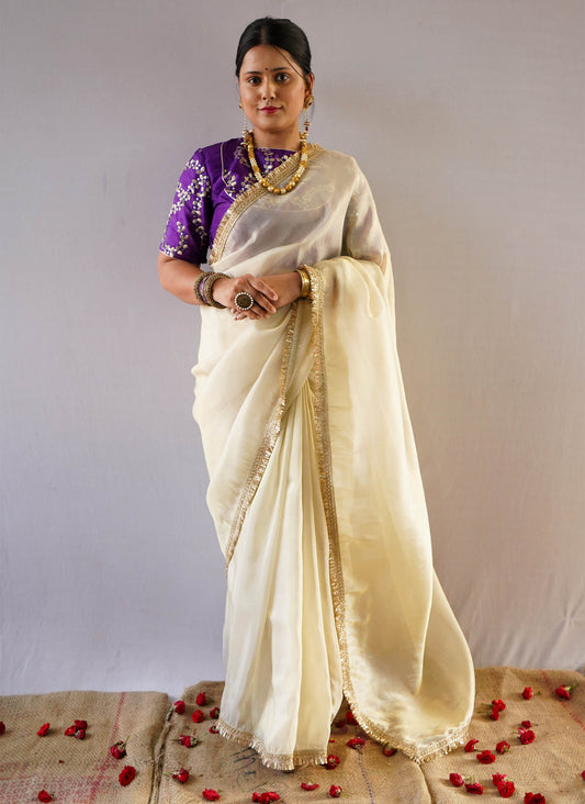 Golden Zari Tissue Saree with Purple Sequin Work Blouse | Anvi Ethnics