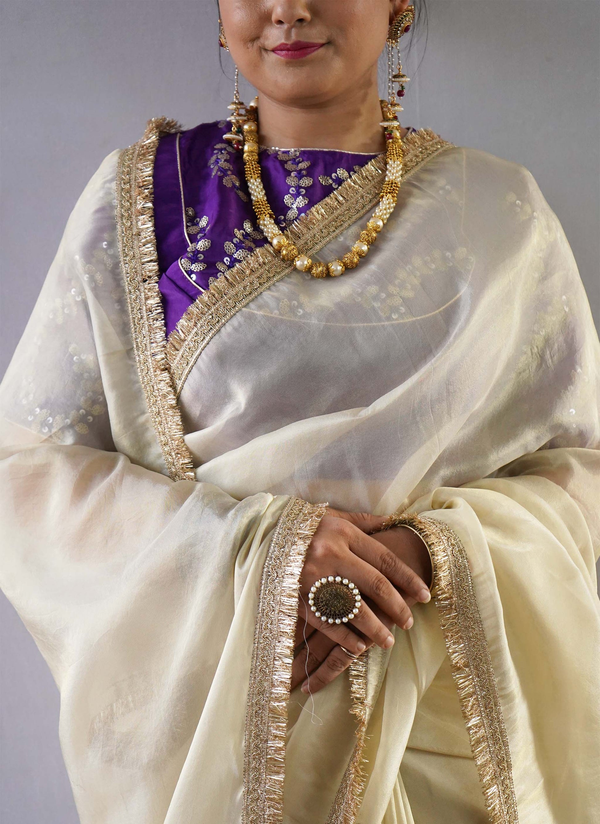 Golden Zari Tissue Saree with Purple Sequin Work Blouse | Anvi Ethnics