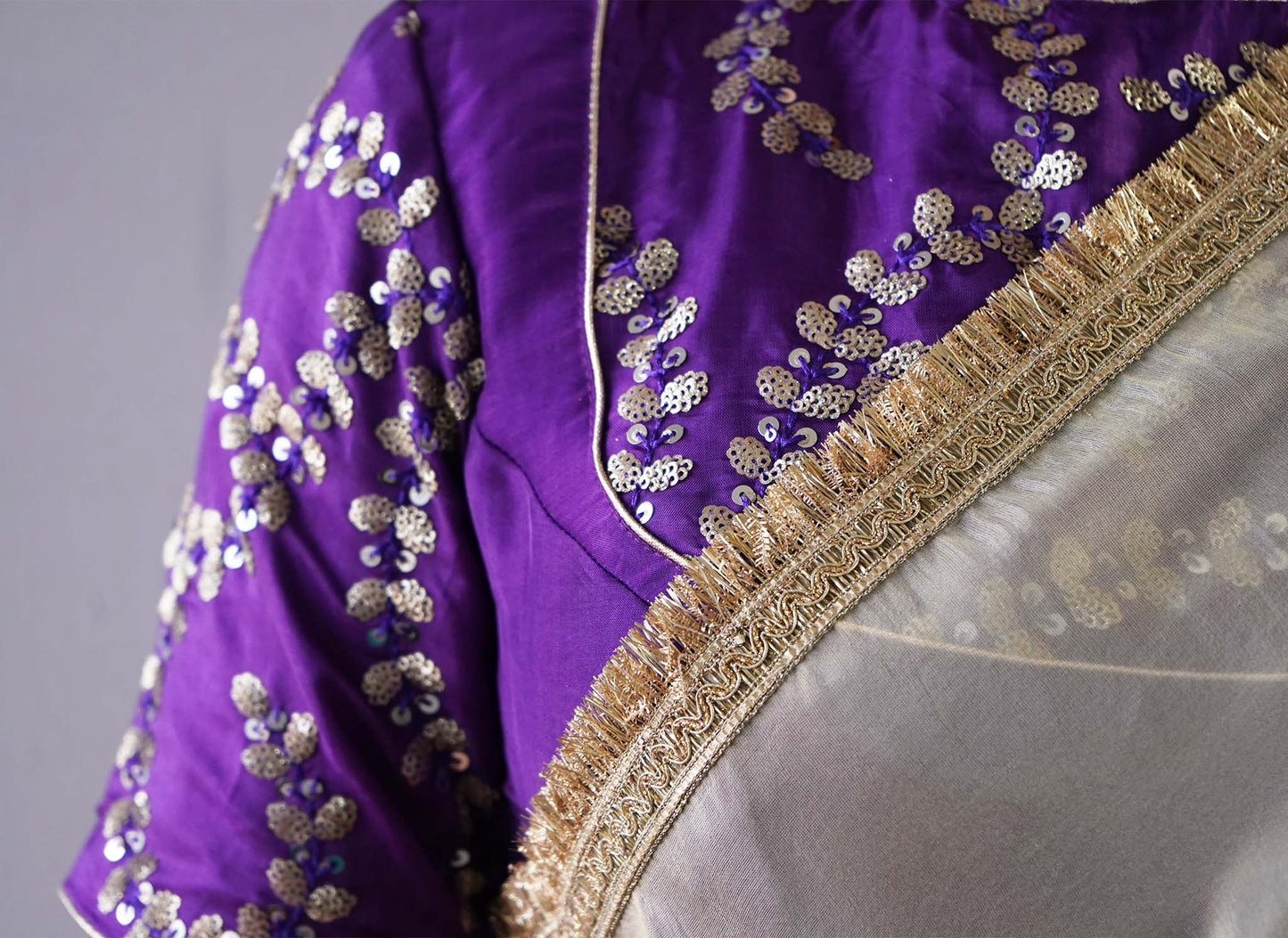 Golden Zari Tissue Saree with Purple Sequin Work Blouse | Anvi Ethnics