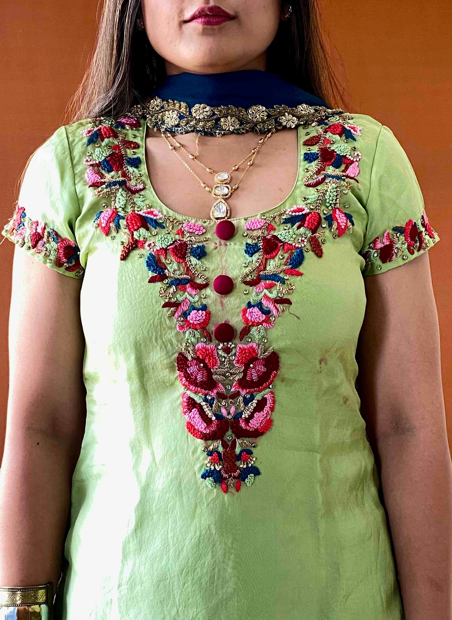 Ziva - Green Hand Embroidered Kurti Set with Handwork Dupatta