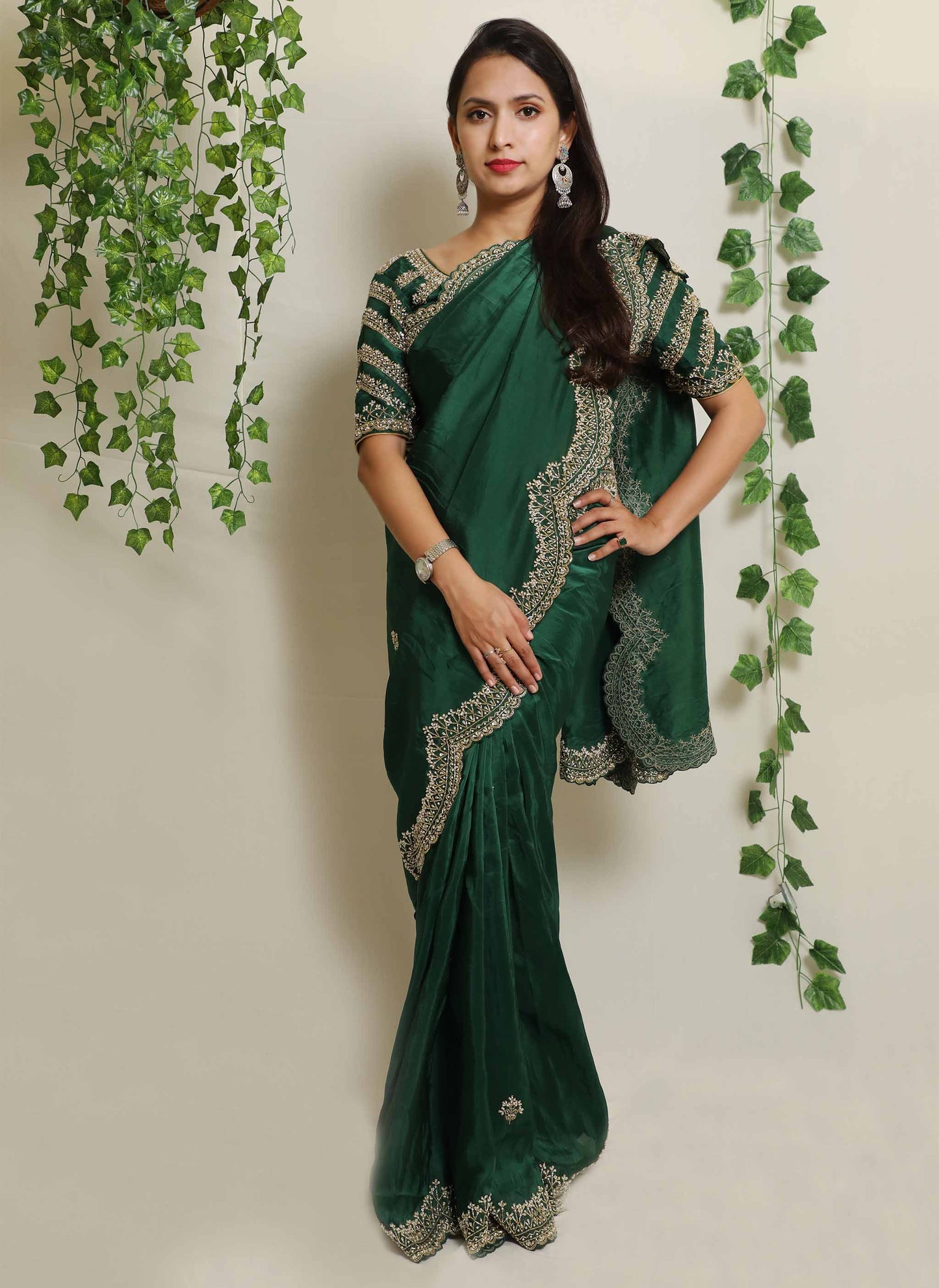 Green Pearl Handwork Saree