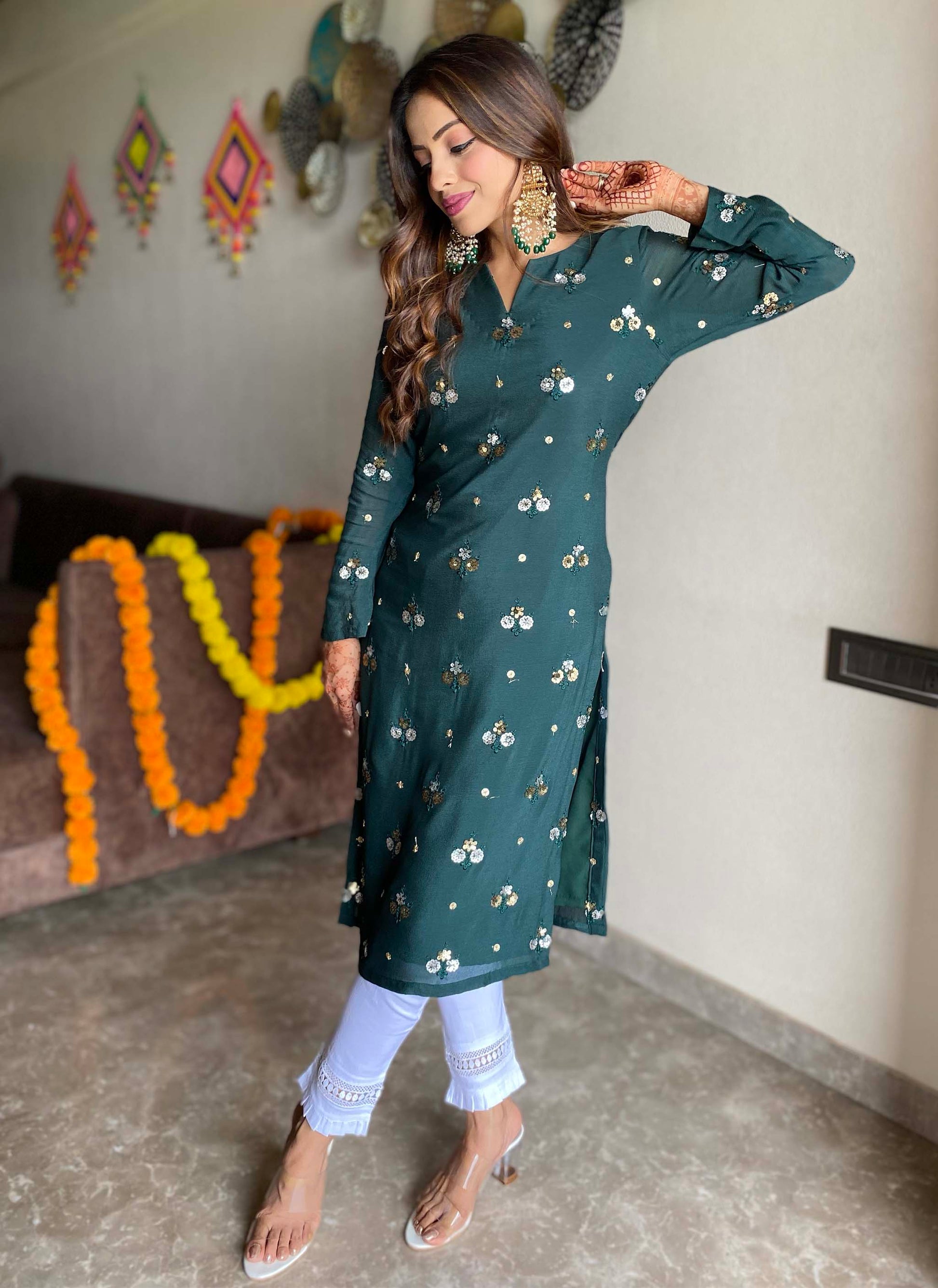 Green Sequin Chinon Crepe Kurti