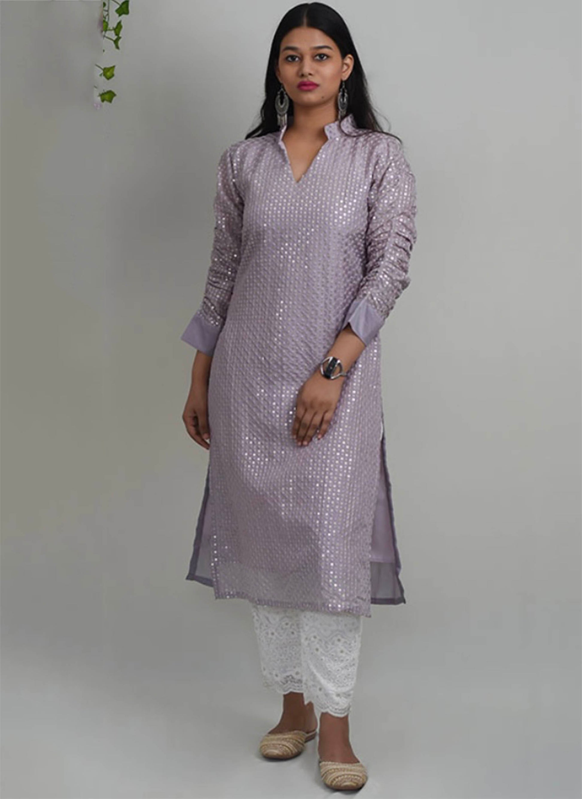 Lilac Embroidered Upada Silk Kurti