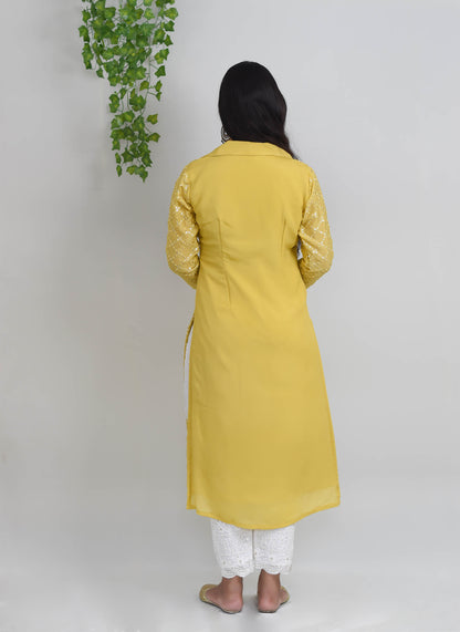 Mustard Embroidered Upada Silk Kurti