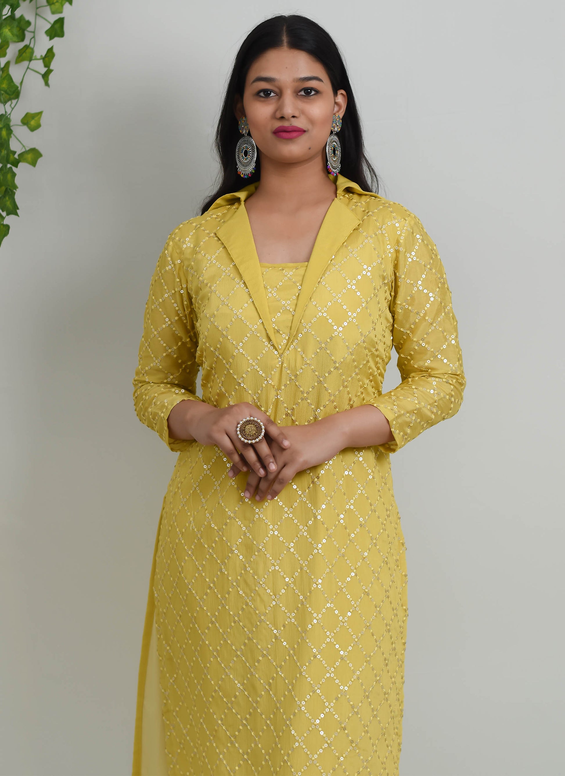 Mustard Embroidered Upada Silk Kurti