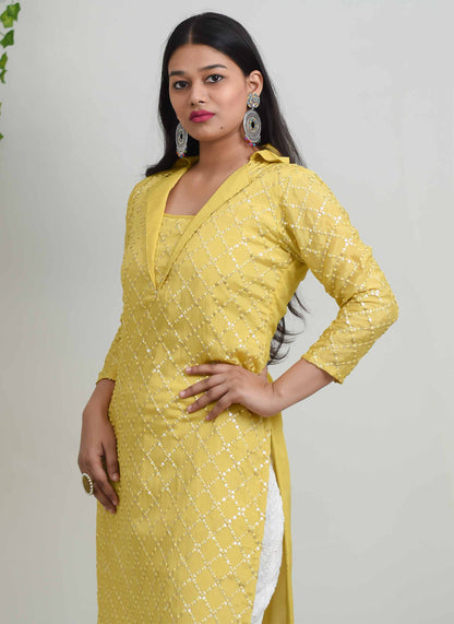 Mustard Embroidered Upada Silk Kurti