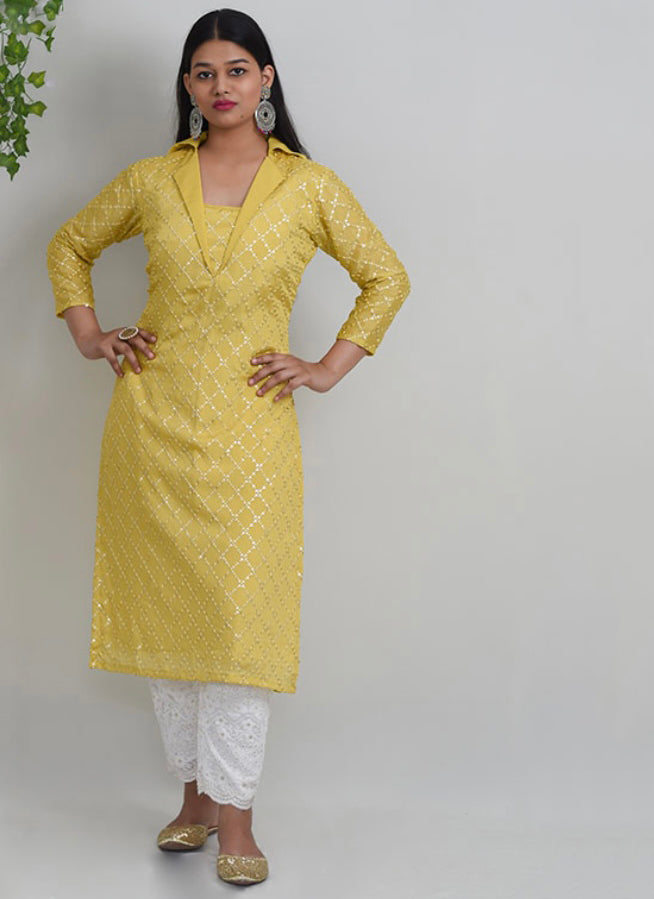 Mustard Embroidered Upada Silk Kurti