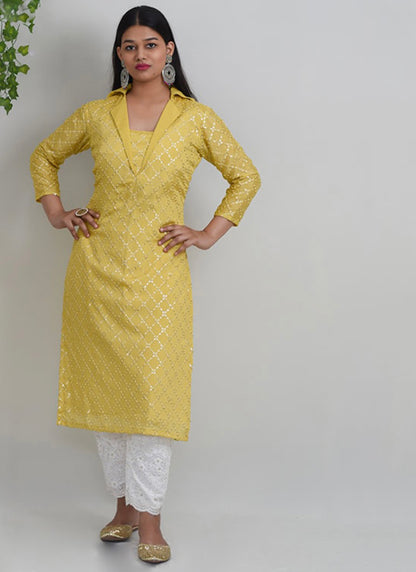 Mustard Embroidered Upada Silk Kurti