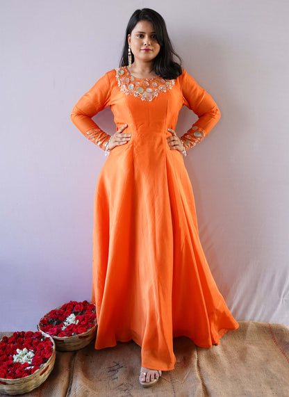 Orange Upada Silk Gown with Pink Dupatta | Anvi Ethnics