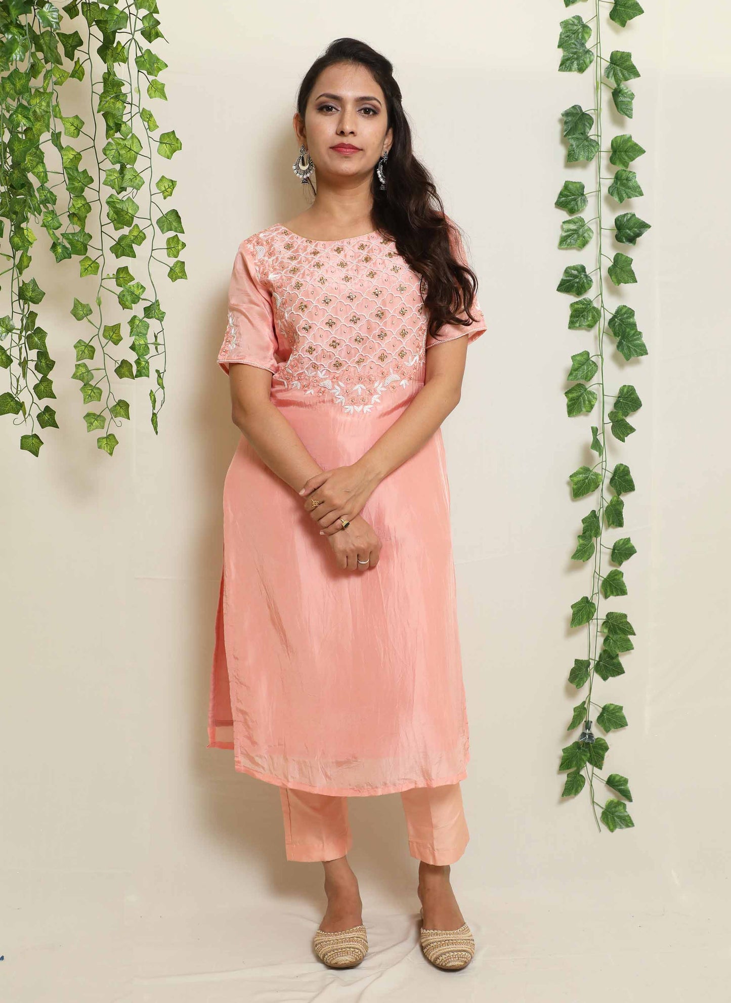 Peach Upada Silk Handwork Kurta Set