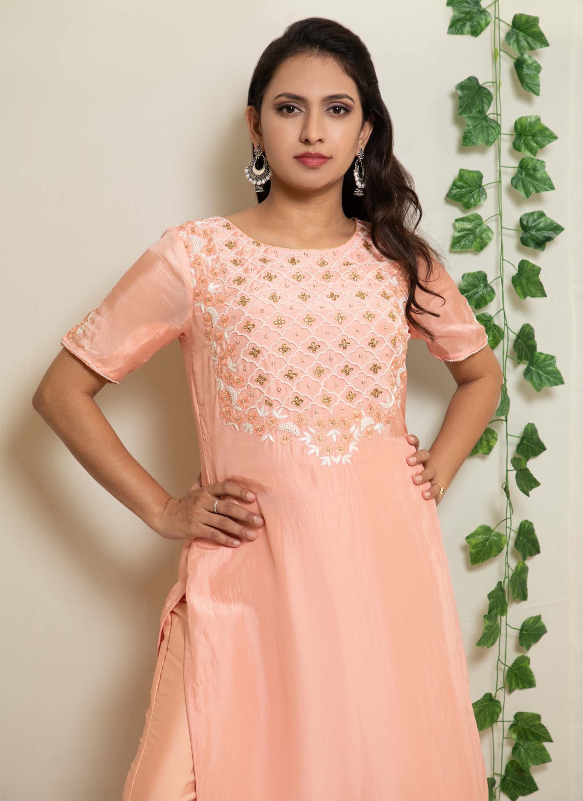 Peach Upada Silk Handwork Kurta Set