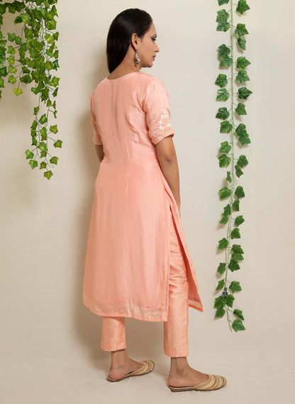 Peach Upada Silk Handwork Kurta Set