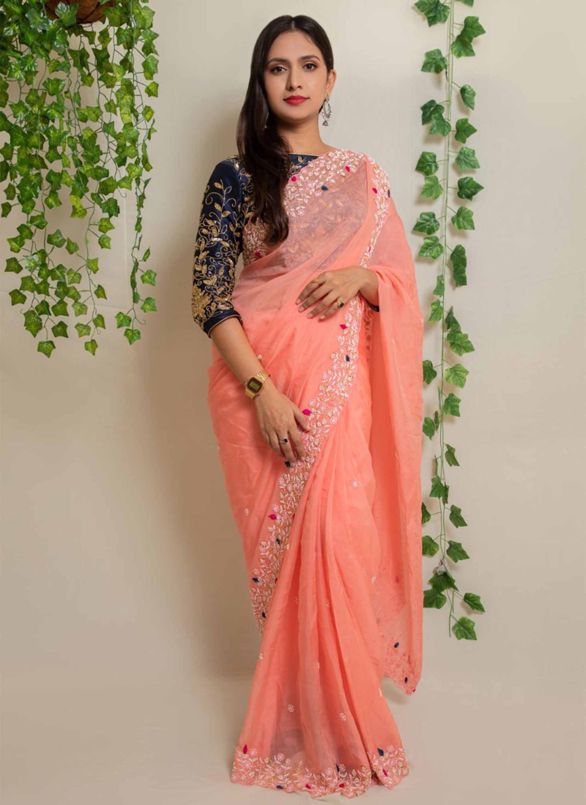 Peach Pearl Handwork Saree