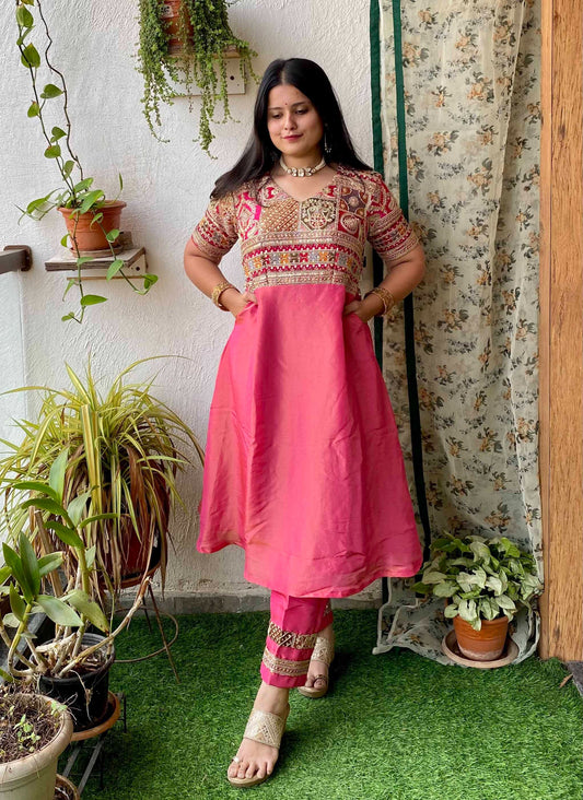  Pink Banarasi Tissue Embroidered Aline Kurta Set