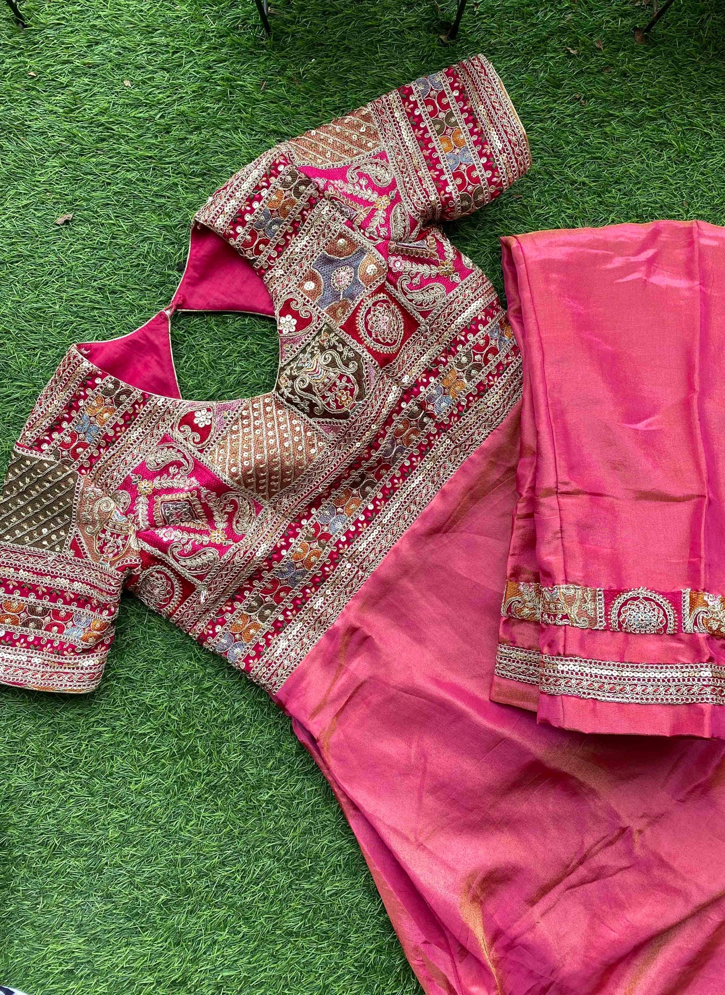  Pink Banarasi Tissue Embroidered Aline Kurta Set
