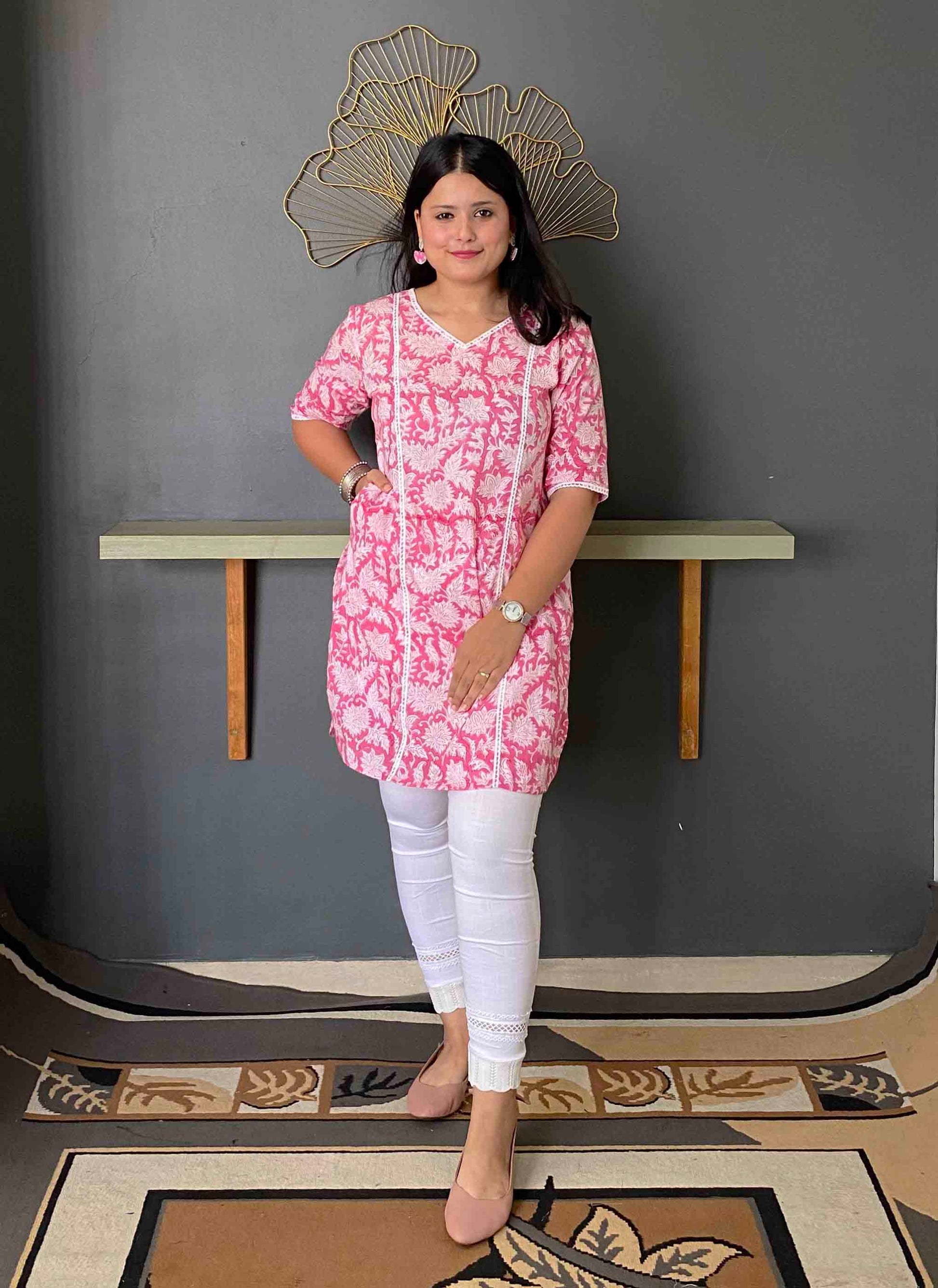 Pink Handblock Cotton Kurti