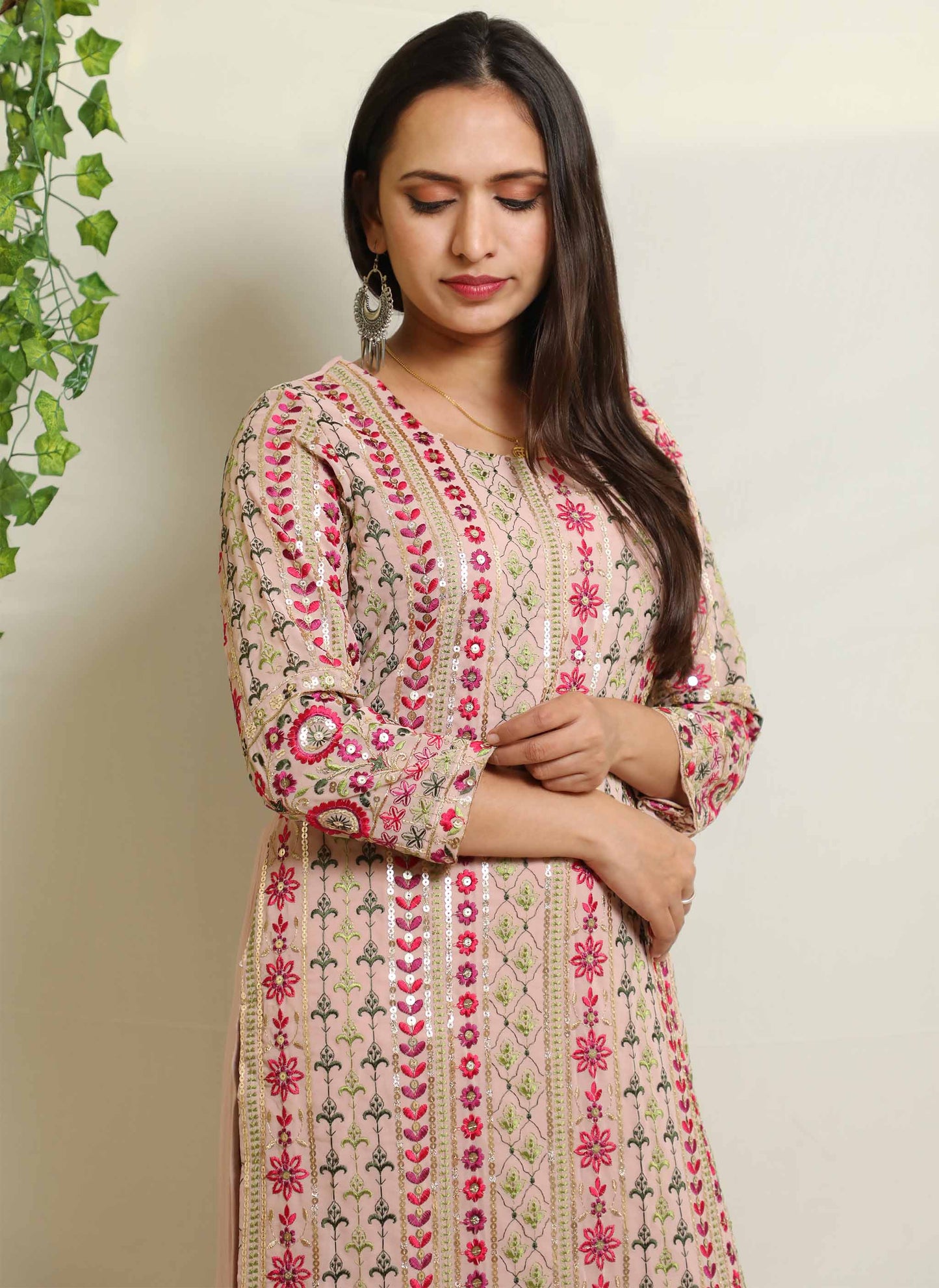 Pink Embroidered Poly Georgette Kurti