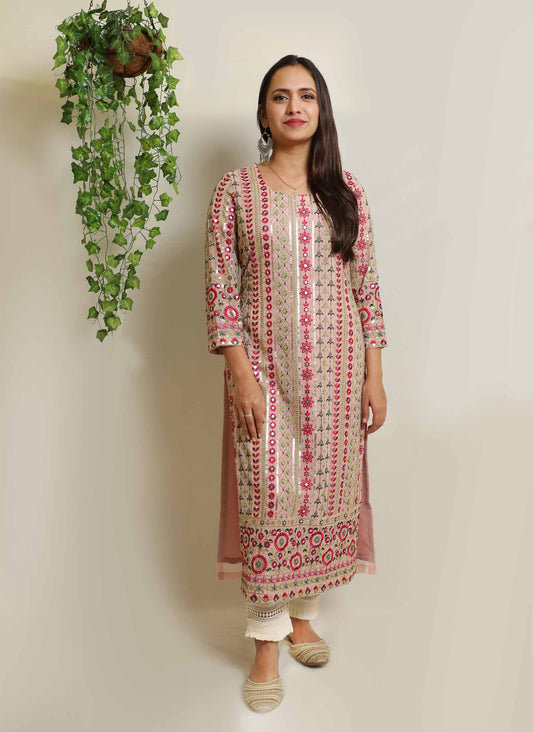Pink Embroidered Poly Georgette Kurti