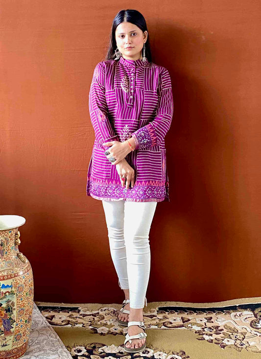 Saumya - Purple Mulmul Casual Wear Short Kurti for Women