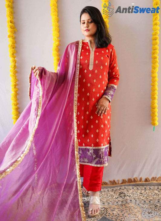 A woman wearing Red AntiSweat Kurti Set