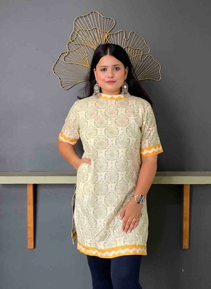 White Handblock Cotton Kurti