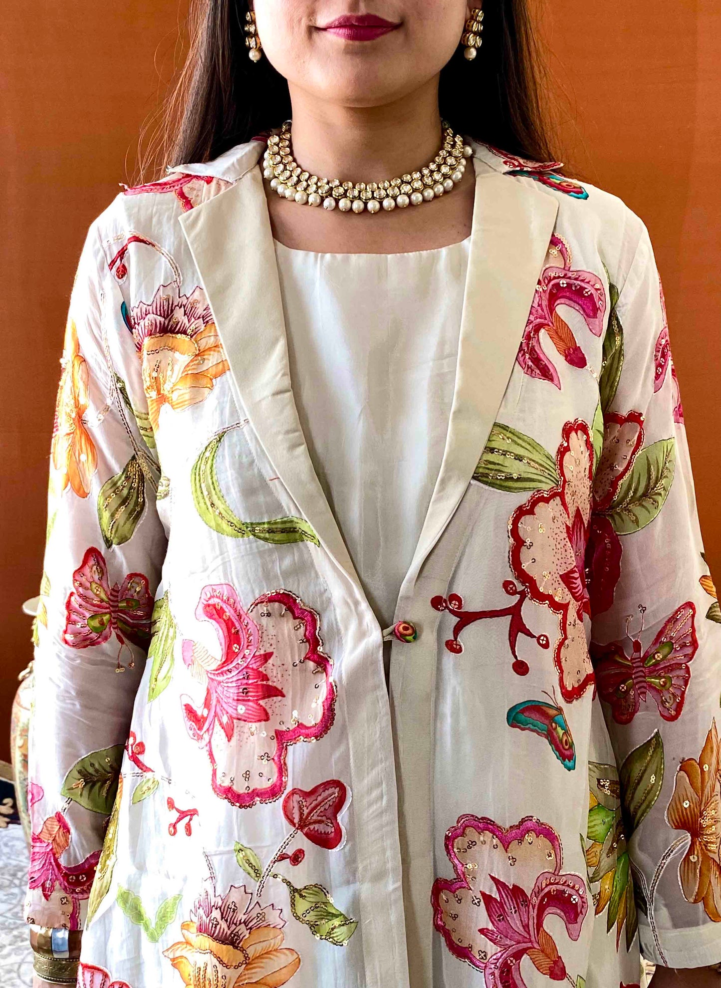 Ziva - White Gown with White Floral Jacket Set