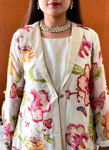 Ziva - White Gown with White Floral Jacket Set