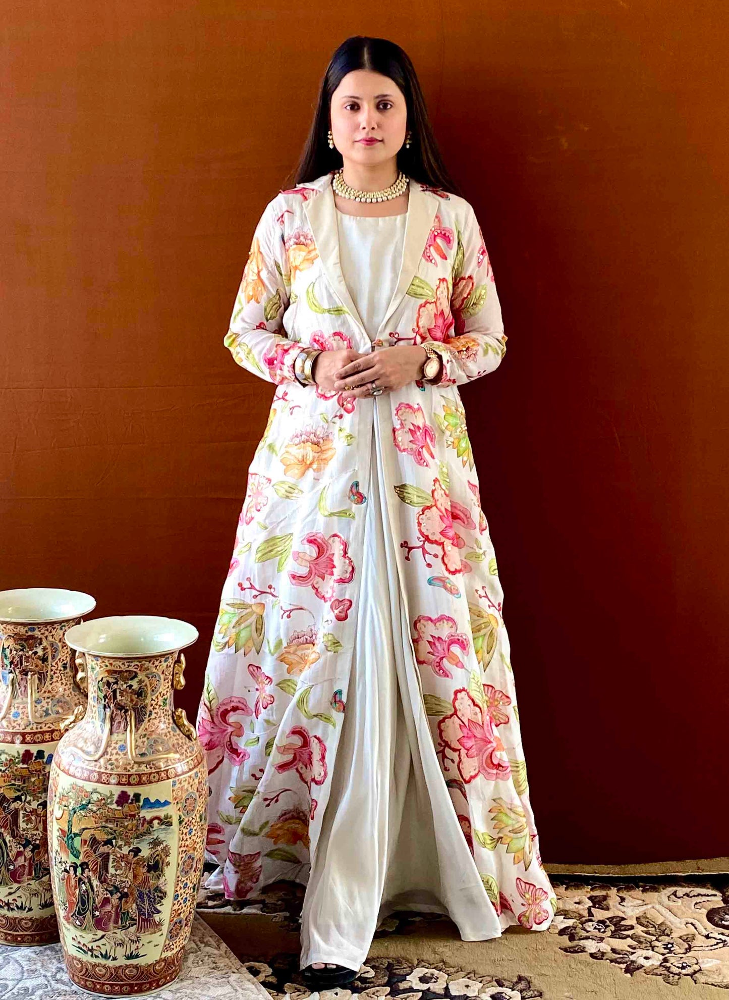Ziva - White Gown with White Floral Jacket Set