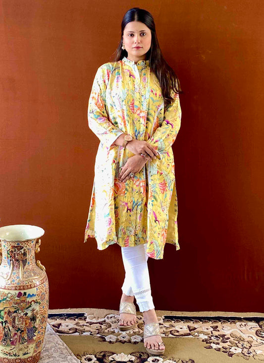Saumya - Yellow Printed Cotton Silk Kurta for Women