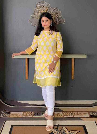 Yellow Handblock Cotton Kurti