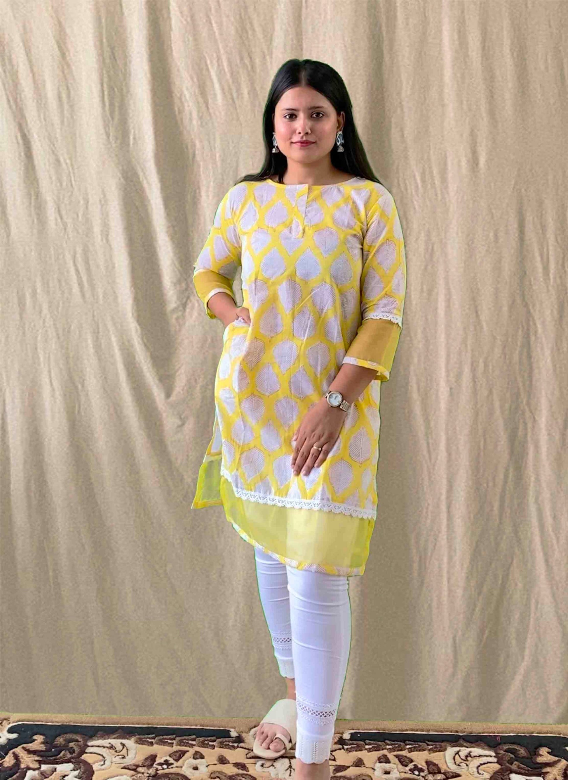 Yellow Handblock Cotton Kurti