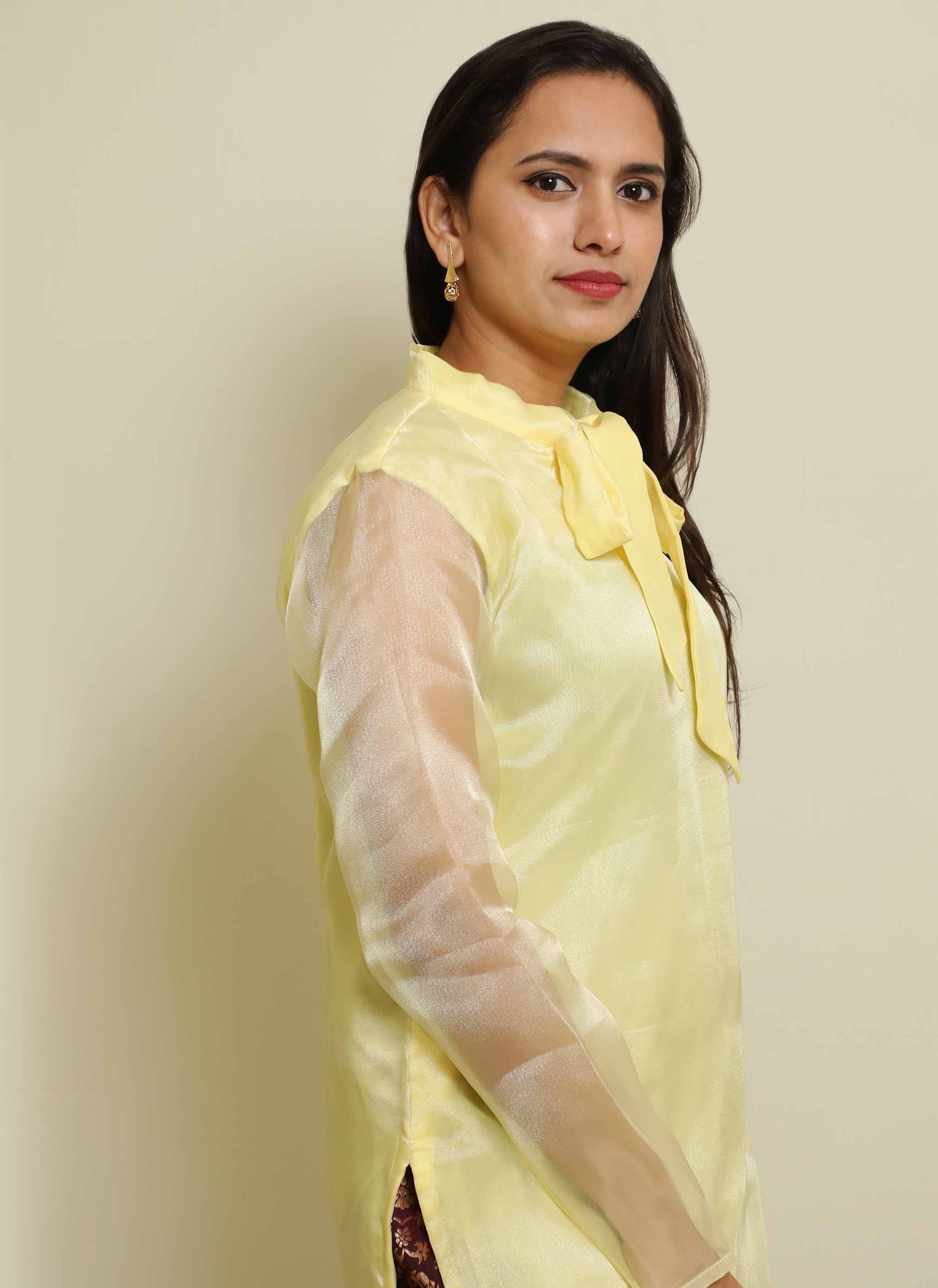 Yellow Organza Plain Kurti