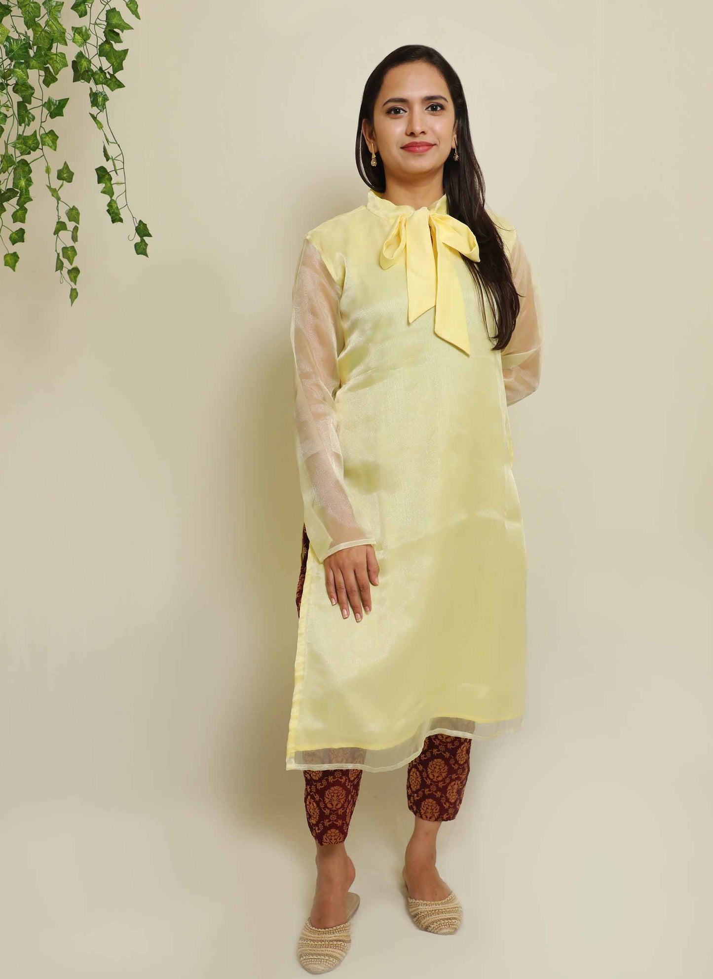 Yellow Organza Plain Kurti