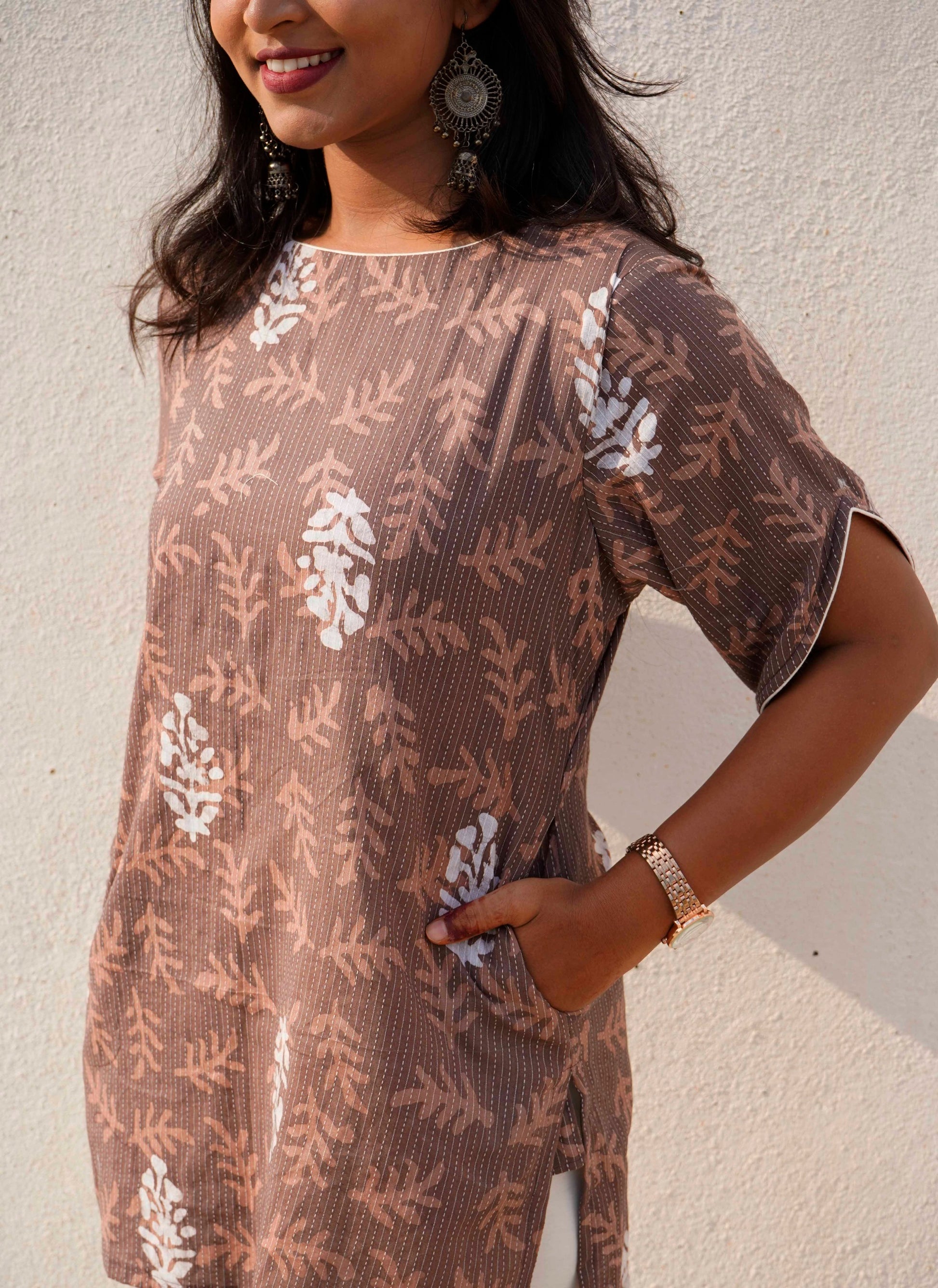 Brown Kantha Cotton Short Kurti