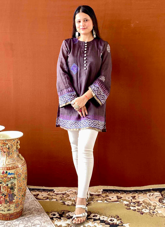 Saumya - Brown Mulmul Cotton Short Kurti for Women