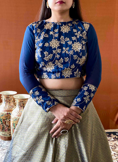 Ziva - Grey Banarasi Lehenga with Blue Sequin Blouse