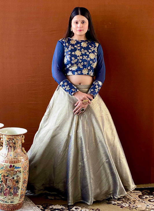 Ziva - Grey Banarasi Lehenga with Blue Sequin Blouse