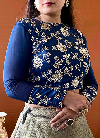 Ziva - Grey Banarasi Lehenga with Blue Sequin Blouse