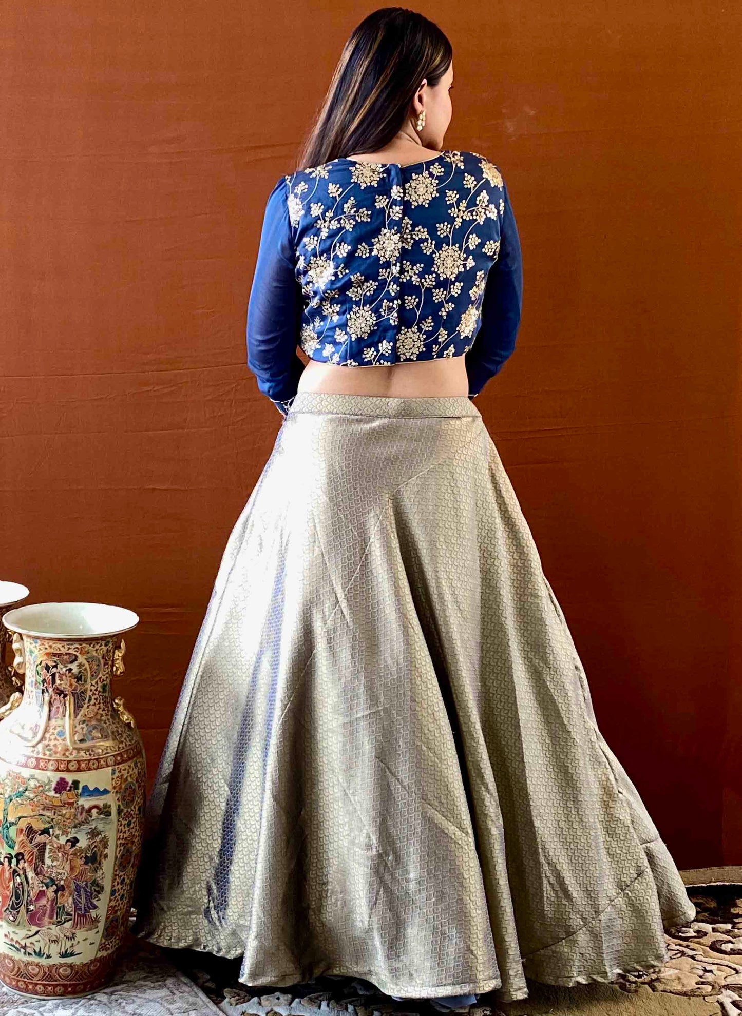 Ziva - Grey Banarasi Lehenga with Blue Sequin Blouse