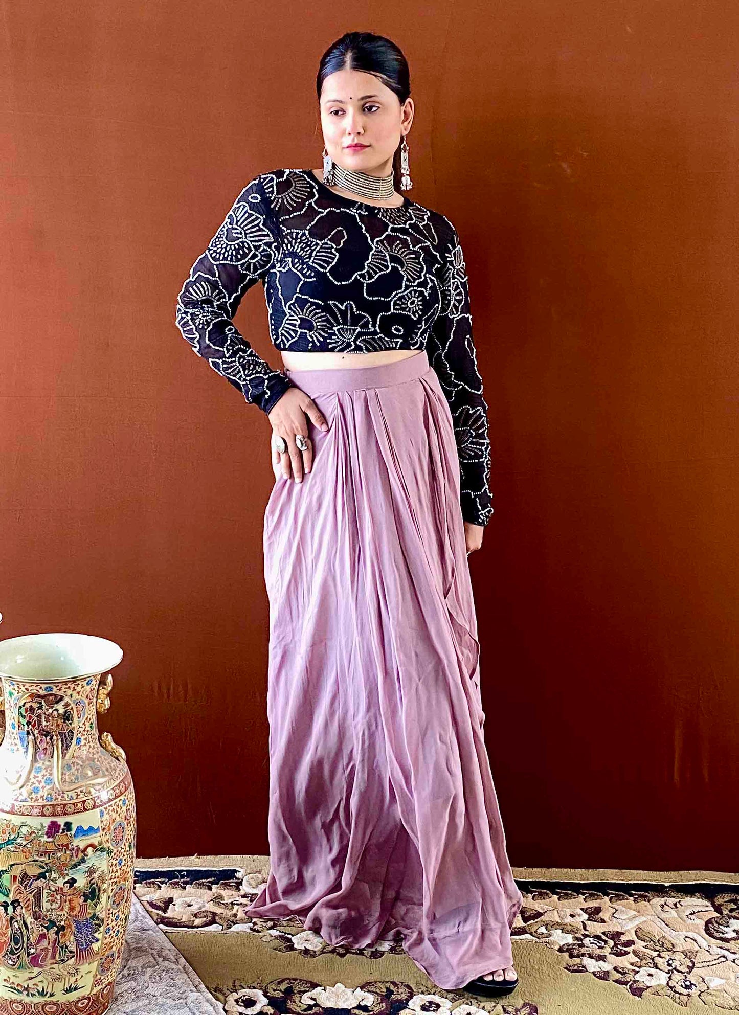 Ruh - Pink Pure Georgette Front Draped Skirt for Women