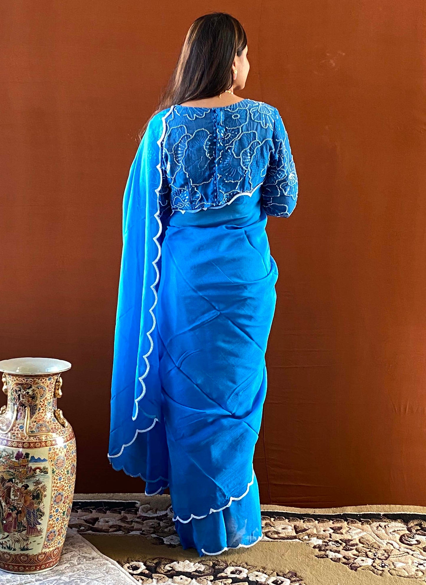 Noor - Blue Handwork Scallop Saree with Blouse