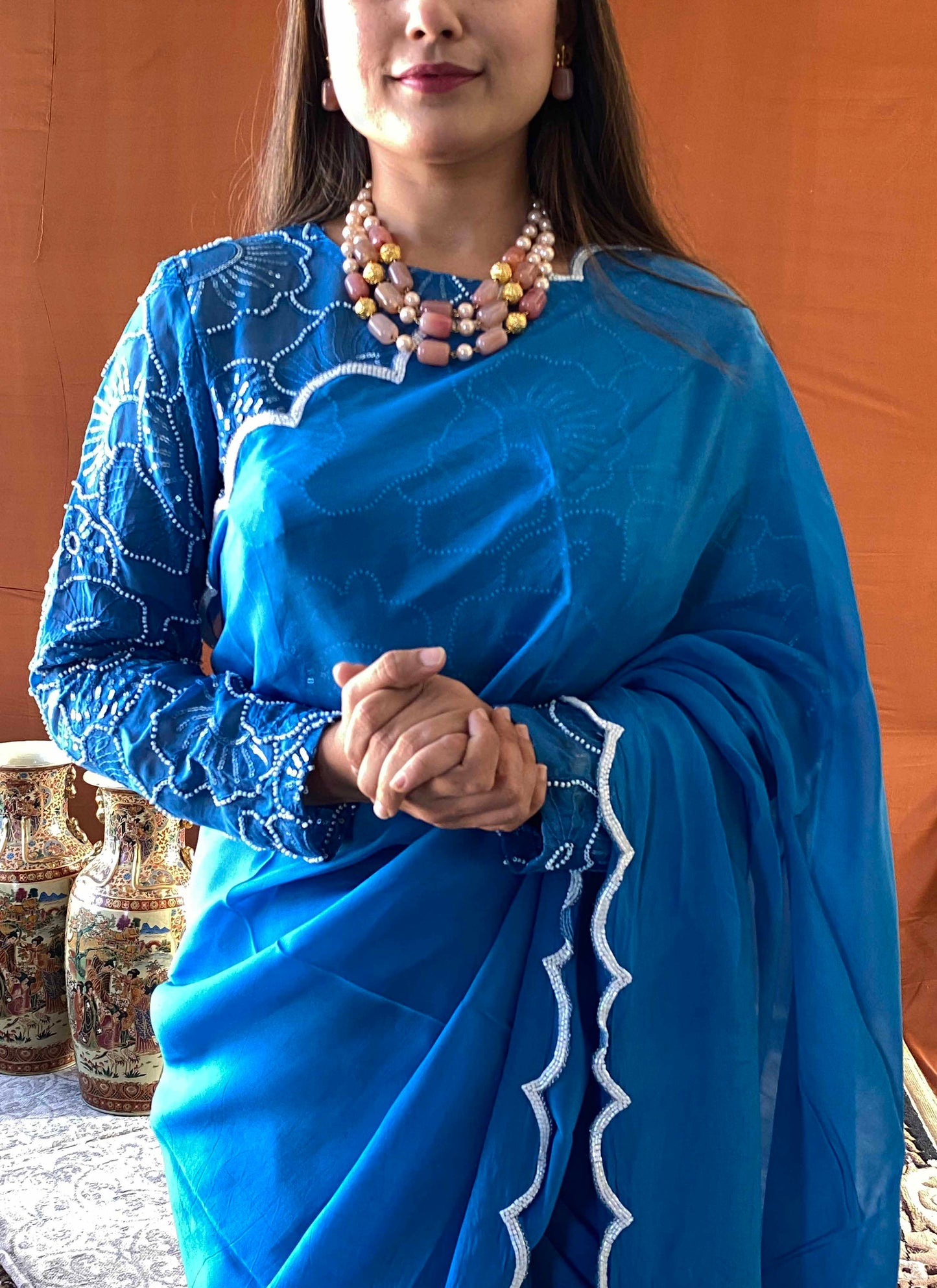 Noor - Blue Handwork Scallop Saree with Blouse